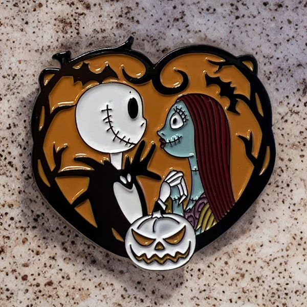 NIGHTMARE BEFORE CHRISTMAS Enamel pin, Jack Skellington and Sally Lapel pin for totes, jackets, bags, etc.  Halloween Lapel Pin