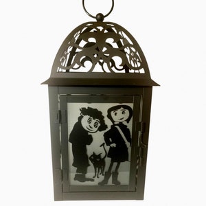 CORALINE CHARACTER Large Metal Black Silhouette Lantern.  Optional LED candle available.