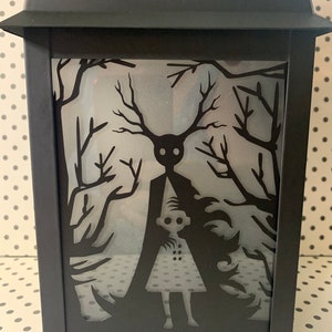 Over the Garden Wall Black Silhouette Scroll Top Metal Lantern, featuring Greg, Writ and the Beast, OTGW Lantern