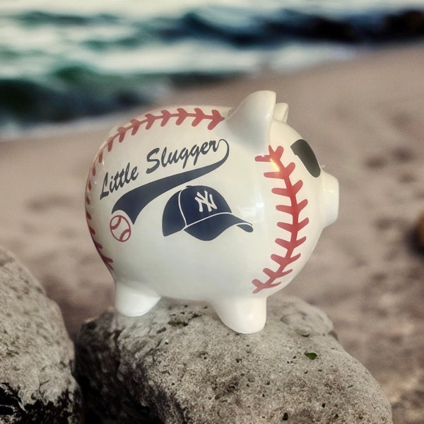 NY YANKEE Themed Little Slugger Personalized Baseball Piggy Bank . Nursery, Boys or girls, Baptism, Birthday, Ring Bearer, Little Leaguer