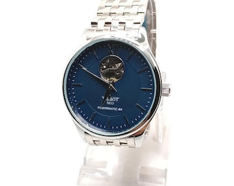 Used Luxury Automatic Open Heart Watch Blue Dial Stainless Steel Men's Dress Wristwatch
