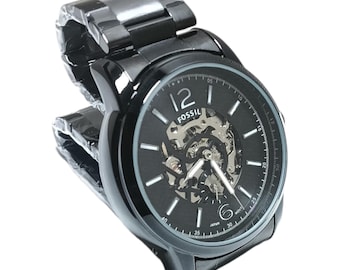 Reloj de hombre usado con esfera esqueletizada – Acero inoxidable negro, estilo automático