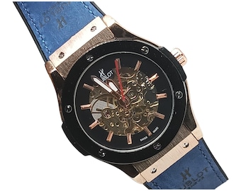 Orologio automatico scheletrato di lusso usato, cinturino in pelle blu, cassa in oro rosa, orologio meccanico da uomo