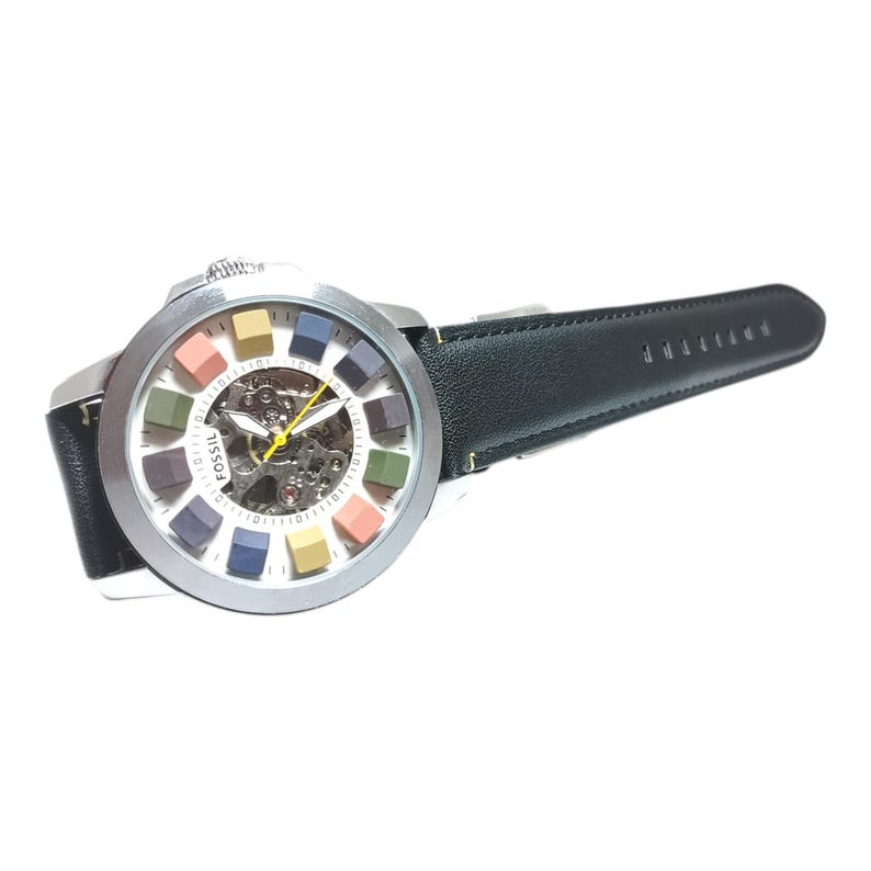 Used Automatic Skeleton Multicolor Dial Watch – Black Leather Strap Mechanical Wristwatch for Men image 3