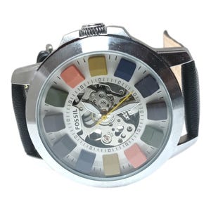 Used Automatic Skeleton Multicolor Dial Watch – Black Leather Strap Mechanical Wristwatch for Men image 2