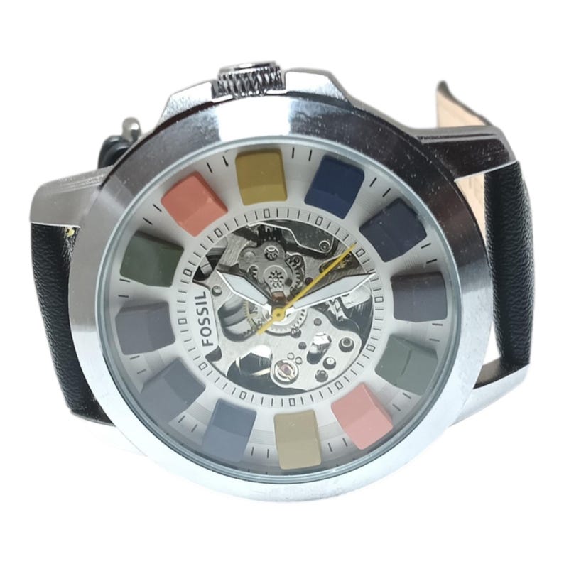 Used Automatic Skeleton Multicolor Dial Watch – Black Leather Strap Mechanical Wristwatch for Men image 2