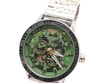 Used Luxury Green Skeleton Automatic Watch for Men Steel Strap Mechanical Wristwatch