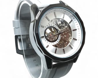 Begagnad automatisk skelettklocka för män – lyxig mekanisk armbandsur med silverfärgad urtavla