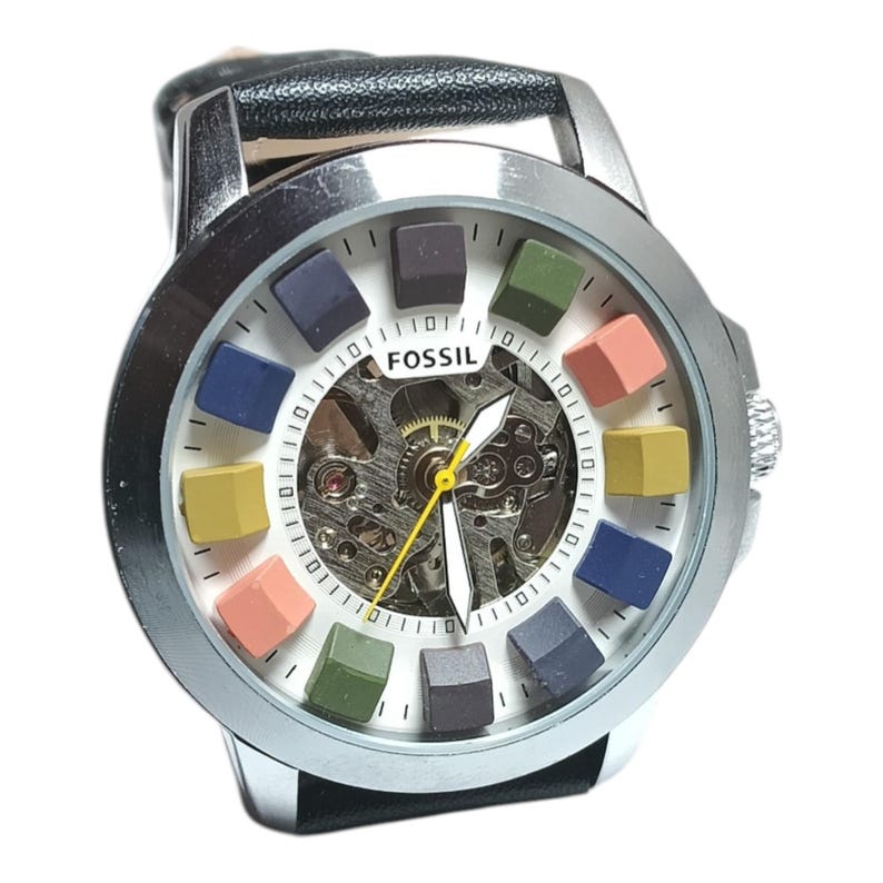 Used Automatic Skeleton Multicolor Dial Watch – Black Leather Strap Mechanical Wristwatch for Men image 8