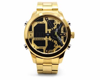 Montre-bracelet double affichage en or d'occasion - Finition en acier inoxydable, cadeau pour lui