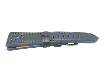 22mm Dark Gray Watch Strap with Blue Stitching, Vintage Leather Replacement Band
