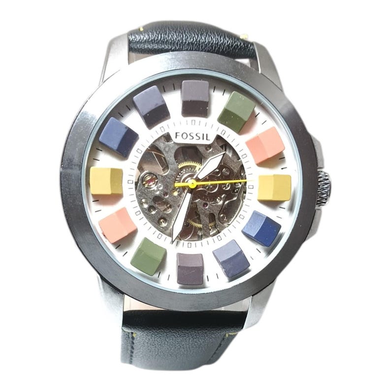 Used Automatic Skeleton Multicolor Dial Watch – Black Leather Strap Mechanical Wristwatch for Men image 9