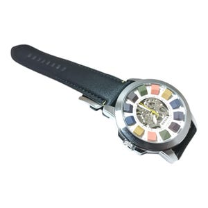 Used Automatic Skeleton Multicolor Dial Watch – Black Leather Strap Mechanical Wristwatch for Men image 5