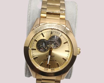 Men's Gold Automatic Watch Open Heart Mechanical Luxury Stainless Steel Dress Watch