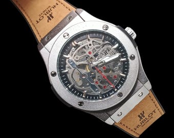 Used Skeleton Automatic Mechanical Watch, Men's Luxury Leather Strap Dress Wrist Watch, Open Dial