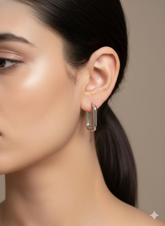 Minimalist Rectangular Silver Hoop Earrings | Sle… - image 1