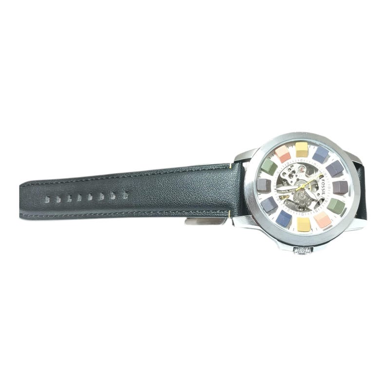 Used Automatic Skeleton Multicolor Dial Watch – Black Leather Strap Mechanical Wristwatch for Men image 6