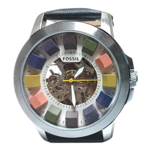Used Automatic Skeleton Multicolor Dial Watch – Black Leather Strap Mechanical Wristwatch for Men image 7