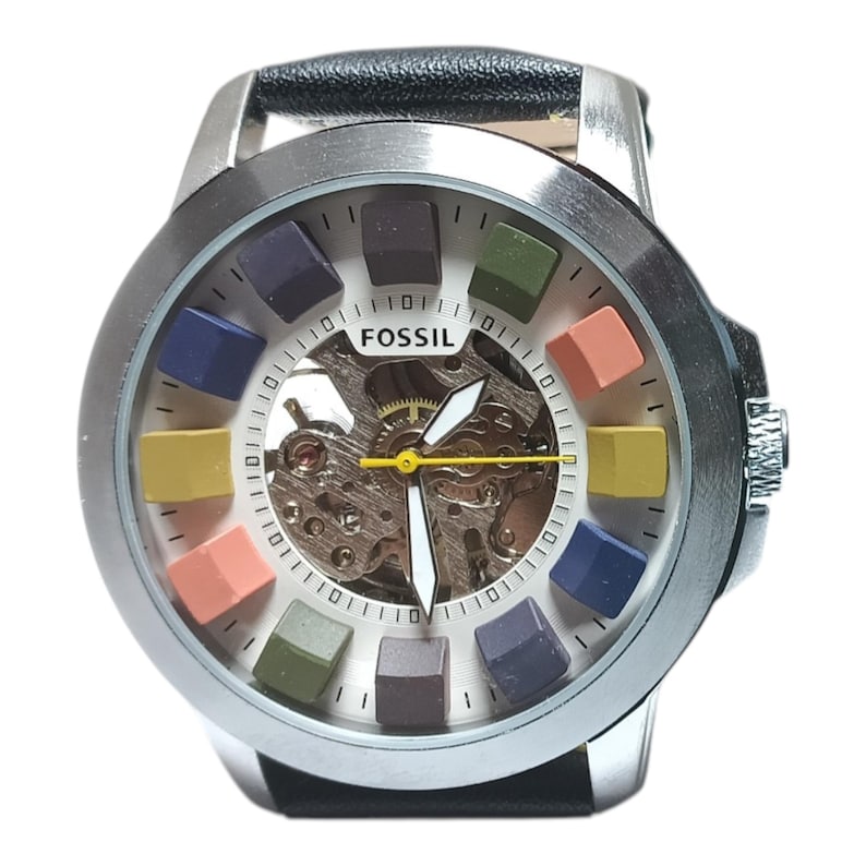 Used Automatic Skeleton Multicolor Dial Watch – Black Leather Strap Mechanical Wristwatch for Men image 7
