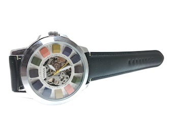 Used   Automatic Skeleton Multicolor Dial Watch – Black Leather Strap Mechanical Wristwatch for Men