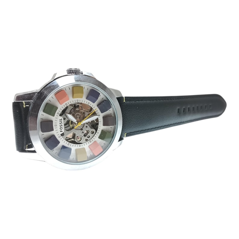 Used Automatic Skeleton Multicolor Dial Watch – Black Leather Strap Mechanical Wristwatch for Men image 1