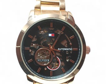 Used   Automatic Skeleton Watch – Gold Stainless Steel Black Dial Mechanical Wrist Watch