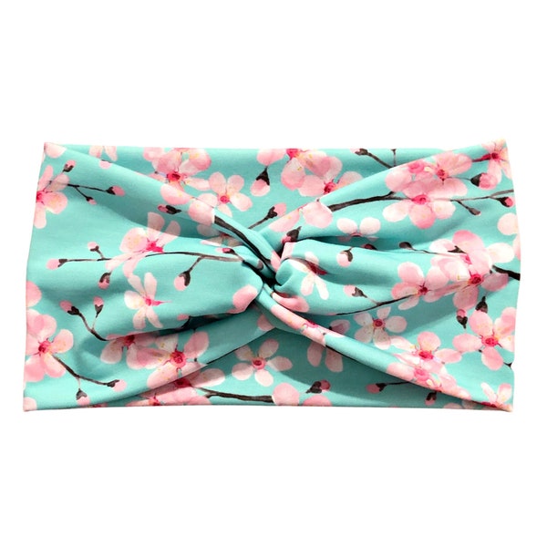 Women's Wide Cherry Blossom Flower Headband, Floral Turban Twist Faux Knot Hair Accessory, Mint Green and Pink, Gift for Her