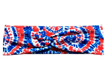 Women's Tie Dye Fabric Knot Headband with Buttons, Red White Blue Patriotic Swirl with a Twist