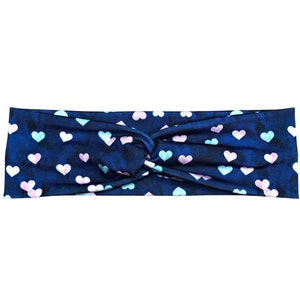 Valentine's Day Headband for Women and Girls, Navy with Light Blue and Pink Hearts, Buttons for Nurses, Dental, Gift for Her