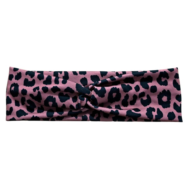 Mauve Leopard Print Headband for Women, Boho Twist Animal Print Hair Accessory, Cheetah, Nurse Headband with Buttons