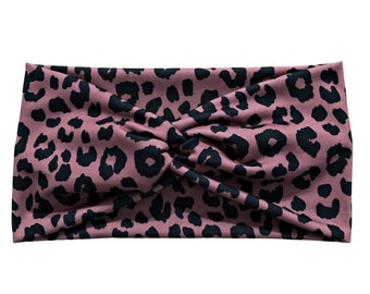 Women's Leopard Animal Print Wide Headband with Buttons (Optional), Black Mauve, Gift for Her