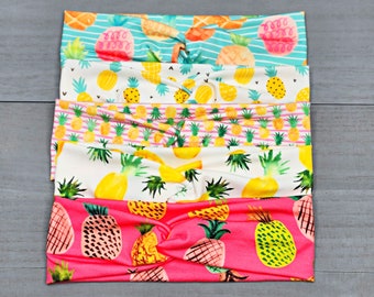 Tropical Pineapple Print Headband, Adult Headband with Buttons for Nurses, Hawaiian Fruit Hair Accessory, Flat Headband, Gift for Women
