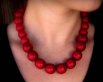 Women's Red Wooden Bead Necklace, Statement Necklace, Choose Color, Lightweight Chunky Bead Necklace, Cranberry Necklace, Holiday Necklace