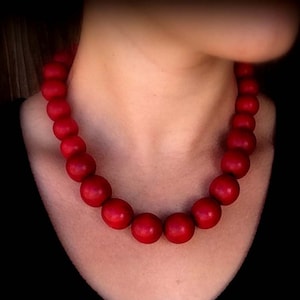 Women's Red Wooden Bead Statement Necklace, Lightweight Chunky Holiday Jewelry