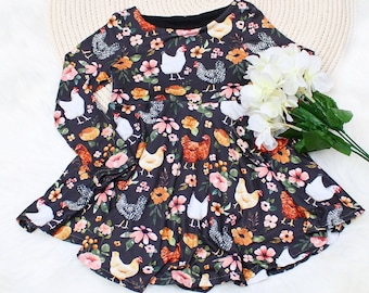 Twirly Boho Chicken Dress for Girls and Toddlers, Long or Short Sleeve Floral Toddler Dress, Special Occasion Fancy Dress, Tea Party Outfit