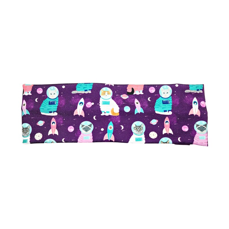 Purple Astronaut Cat Print Headband for Women, Veterinary Hair Accessory, Button Headband, Gift for Her, Vet Tech Accessories No Twist