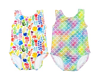 18m Baby Girl One Piece Swimsuit, Mermaid or Boho Floral Print Bathing Suit, Lined Toddler Swimming Outfit