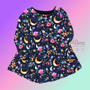 Twirly Dark Cottage Core Dress for Girls and Toddlers, Whimsical Moon and Stars Dress, Goth Kids, Special Occasion, Tea Party Outfit image 2