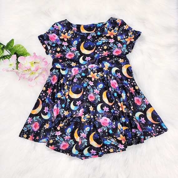 Twirly Dark Cottage Core Dress for Girls and Toddlers, Whimsical Moon and Stars Dress, Goth Kids, Special Occasion, Tea Party Outfit