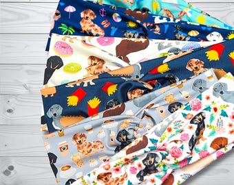 Fun Dachshund Dog Stretchy Headband, Cute Pet Wiener Dog Fabric Hair Band, Colorful Vet Tech Hair Accessory, Animal Top Knot Hair Piece