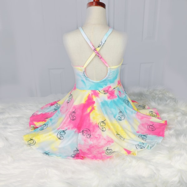 Summer Dress for Toddler Girls, Unicorn Neon Tie Dye Print Twirly Dress, Swimsuit Cover Up, Beach Dress for Girls