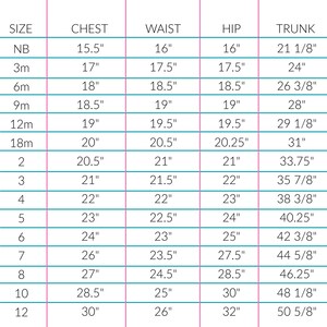 May include: A chart showing baby clothing sizes in inches. The chart lists sizes from newborn to 12 months, with measurements for chest, waist, hip, and trunk.