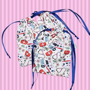 Small EMT EMS Drawstring Gift Bag, Medical Ambulance Print Pouch for Little Hair Accessories, Headbands, Scrunchies
