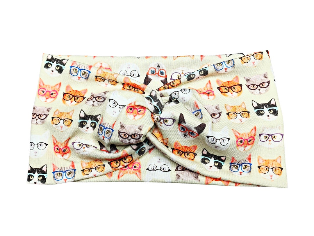 Wide Cats in Glasses Headband for Women With Buttons, Kitty Hair