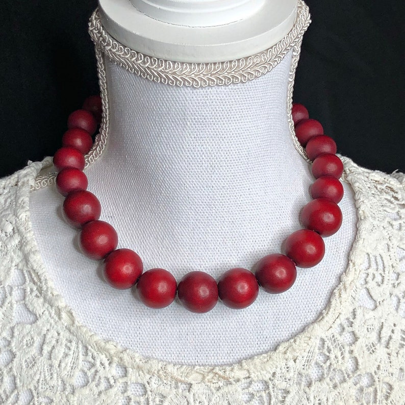 Women's Red Wooden Bead Necklace Statement Necklace | Etsy