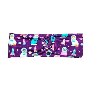 Purple Astronaut Cat Print Headband for Women, Veterinary Hair Accessory, Button Headband, Gift for Her, Vet Tech Accessories