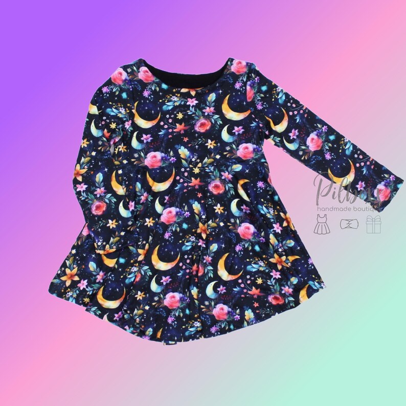 Twirly Dark Cottage Core Dress for Girls and Toddlers, Whimsical Moon and Stars Dress, Goth Kids, Special Occasion, Tea Party Outfit Long sleeve