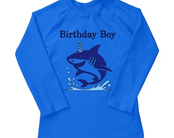 Shark Birthday Rash Guard, Unisex Swim Shirt for Kids and Toddlers, Custom Rash Guard