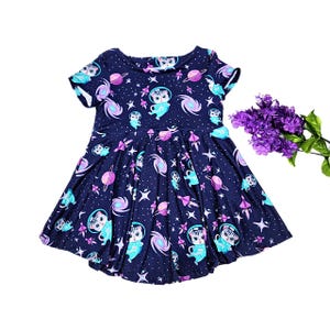 Space Cat Twirly Dress for Girls and Toddlers, Animal Print Dress, Special Occasion, Tea Party Outfit, Birthday Gift for Granddaughter