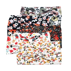 Womens Wide Boho Floral Headbands with Front Twists, Fall Flowers, Fabric Hair Bands